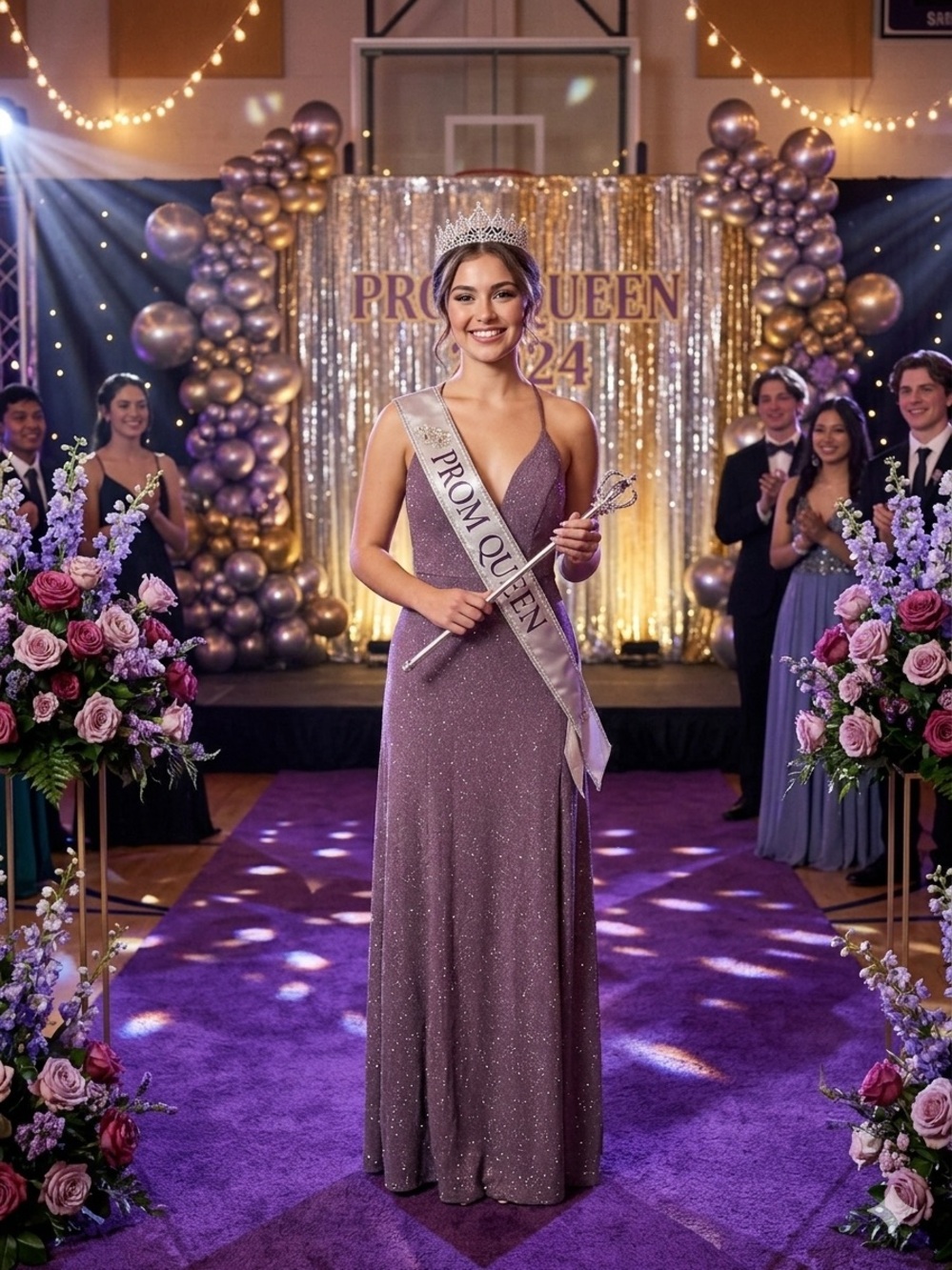 Windsor Plum Sparkle Plunge V-Neck Prom Gown